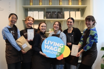 Rossyln Coffee Living Wage Employer - workers posing with Living Wage logo