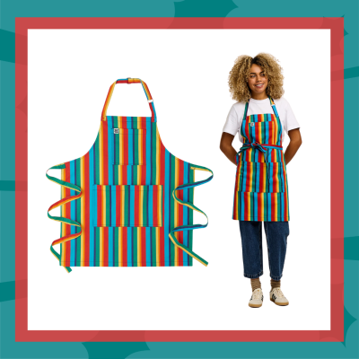 Lucy & Yak rainbow Ada apron with ties and signature pocket.