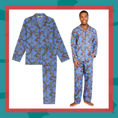 Men's blue pyjamas decorated with woodland creatures