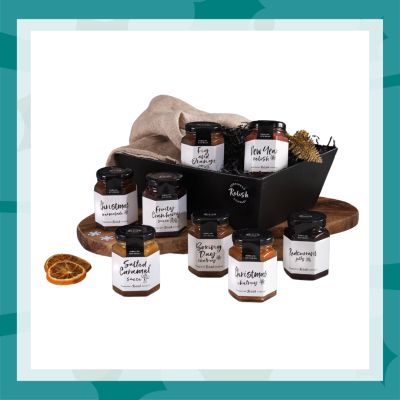 Hamper of various chutneys, sauces, jams, and relishes