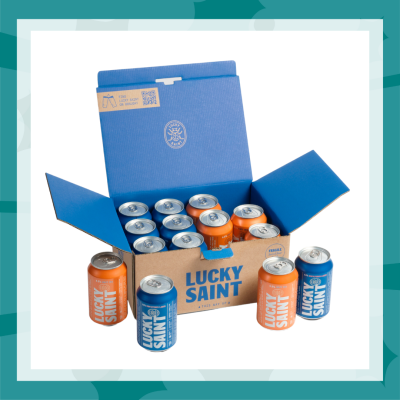 Orange and blue pack of IPA and lager cans