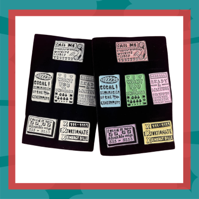Set of 6 enamel pins with designs based on "tart cards".