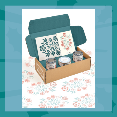 Scandinavian stencil gift kit with two stencils and three paint pots