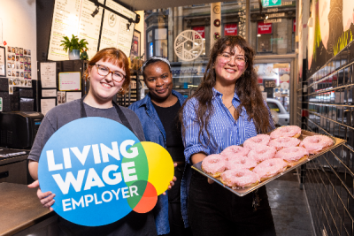 Tantrum Doughnuts with Living Wage sign