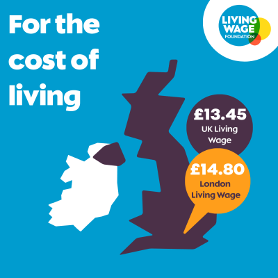For the cost of living: Living Wage rates £13.45 in UK, £14.780 in London on map image of UK