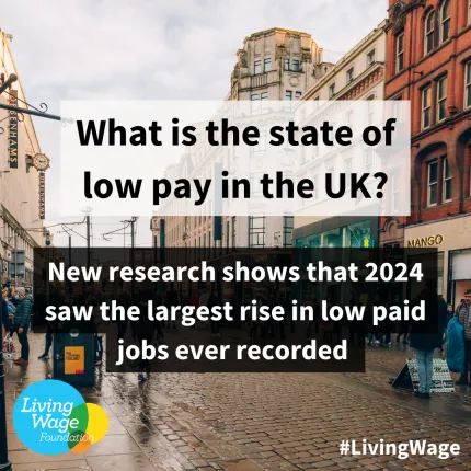 Text reads 'what is the state of low pay in the UK? New research shows that 2024 saw the largest rise in low paid jobs ever recorded' with an image of a UK high street in the background. The Living Wage Foundation logo is in the bottom left corner