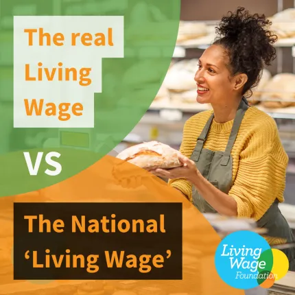 Photo of a woman working in a bakery with the text 'The real Living Wage vs The National 'Living Wage''