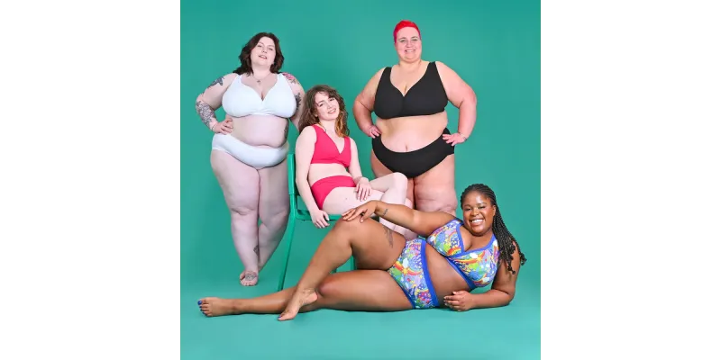 4 women in Molke underwear against colourful green background