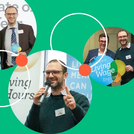 Three photos of Brett Mendell with white circles on a green background 