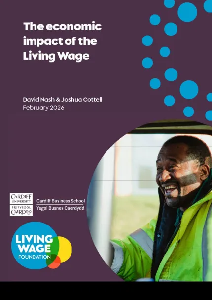 Cover of a report titled ‘The economic impact of the Living Wage,’ with logos and a small photo of a worker.