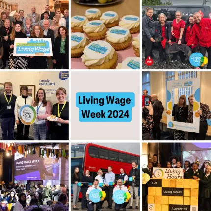Round-up of LIVING WAGE WEEK 2024. Image of 8 photos from living wage week 2024 events, with the words 'living wage week 2024' in the middle