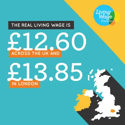 map with Living Wage rates on it - £12.60 UK, £13.85 London..