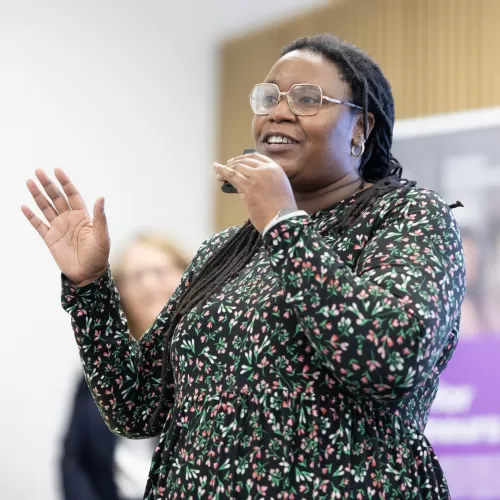 Deputy Mayor Sharon Thompson speaking at a Living Wage Week event in 2024