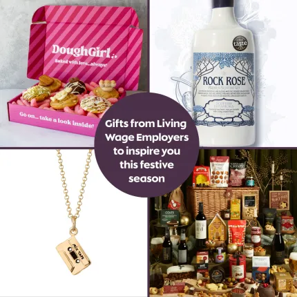 A selection of 4 festive gifts including dough girl 6 cookie box, rock gin, a gold mixtape necklace and a christmas hamper. in the middle reads 'gifts from living wage employers to inspire you this festive season'